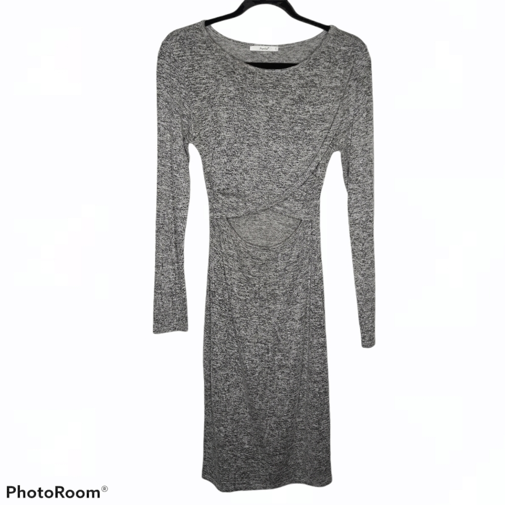 *Papaya Gray Knit Black Marled Bodycon Dress Stomach Cut Out Medium